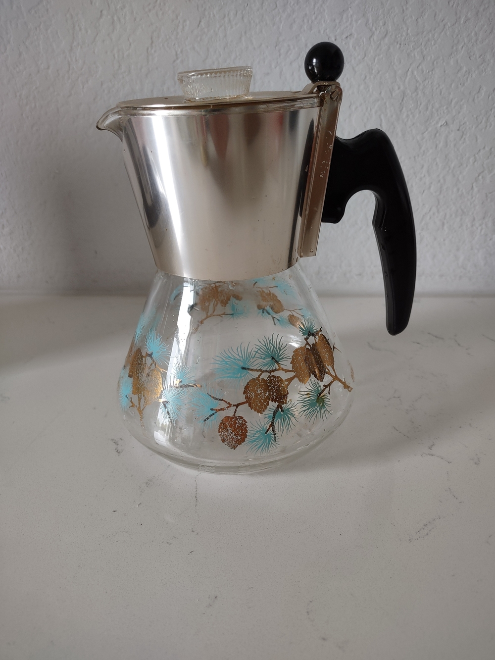 Vintage David Douglas 6 Cup Glass Carafe Percolator Coffee Pot Gold Pinecone